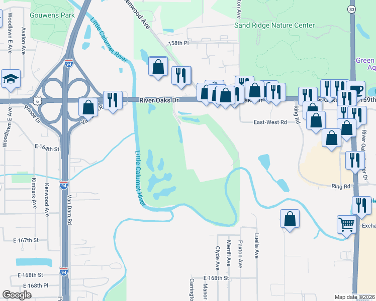 map of restaurants, bars, coffee shops, grocery stores, and more near 100 Park Avenue in Calumet City