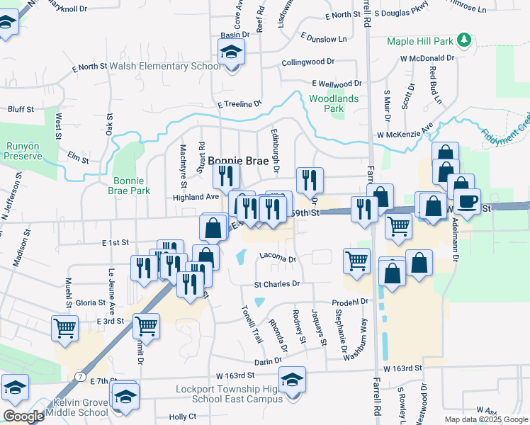 map of restaurants, bars, coffee shops, grocery stores, and more near 1148 Thornton St in Lockport