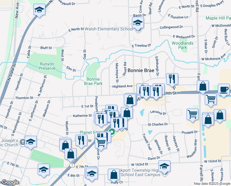 map of restaurants, bars, coffee shops, grocery stores, and more near 1005 Highland Avenue in Lockport