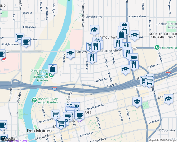 map of restaurants, bars, coffee shops, grocery stores, and more near 1019 East 8th Street in Des Moines