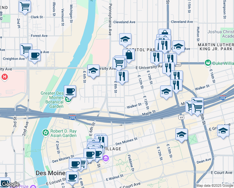 map of restaurants, bars, coffee shops, grocery stores, and more near 1019 East 8th Street in Des Moines