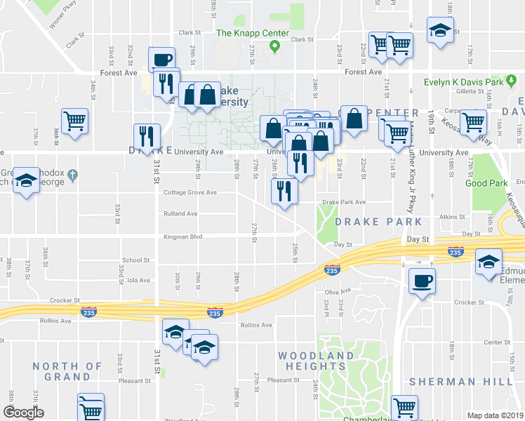map of restaurants, bars, coffee shops, grocery stores, and more near 1100 26th Street in Des Moines