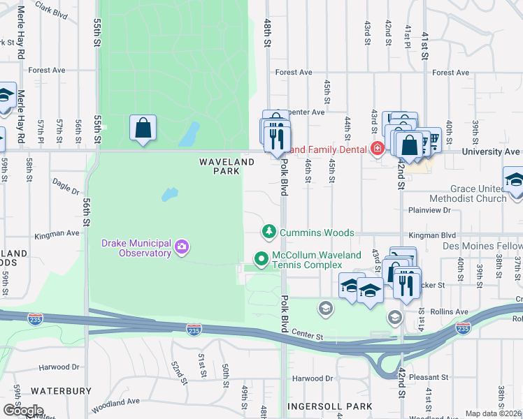 map of restaurants, bars, coffee shops, grocery stores, and more near 4710 Lakeview Drive in Des Moines