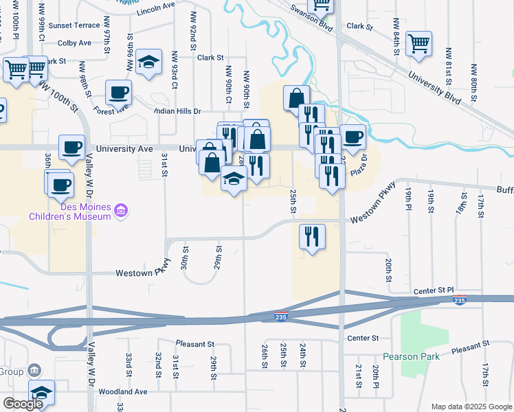 map of restaurants, bars, coffee shops, grocery stores, and more near 2700 University Avenue in West Des Moines