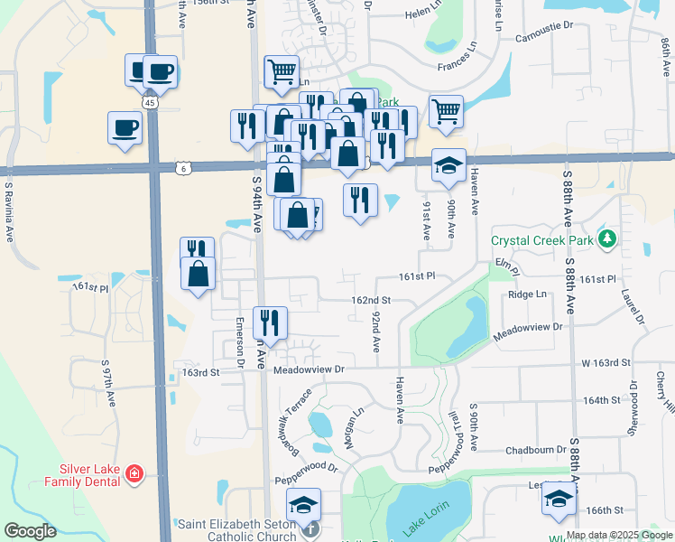 map of restaurants, bars, coffee shops, grocery stores, and more near 16172 Quail Court in Orland Hills