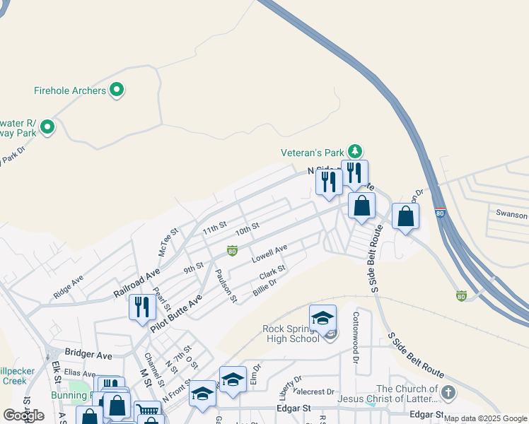 map of restaurants, bars, coffee shops, grocery stores, and more near 1326 11th St in Rock Springs