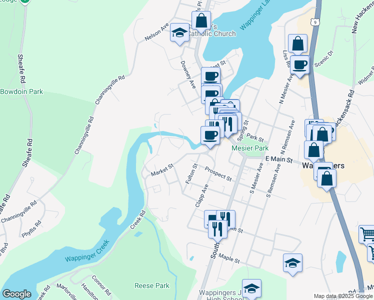 map of restaurants, bars, coffee shops, grocery stores, and more near 49 Market Street in Wappingers Falls