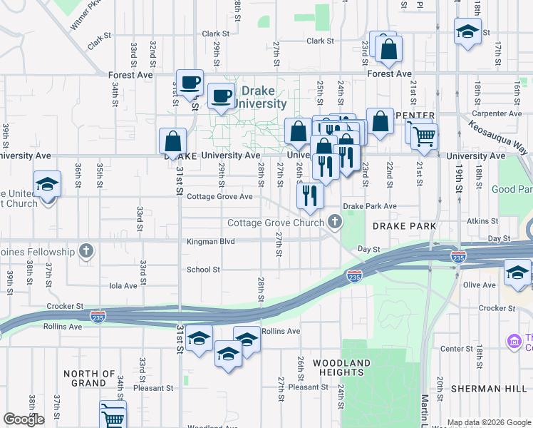 map of restaurants, bars, coffee shops, grocery stores, and more near 2704 Cottage Grove Avenue in Des Moines