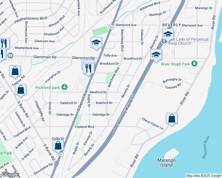 map of restaurants, bars, coffee shops, grocery stores, and more near 3750 Mapleway Drive in Toledo