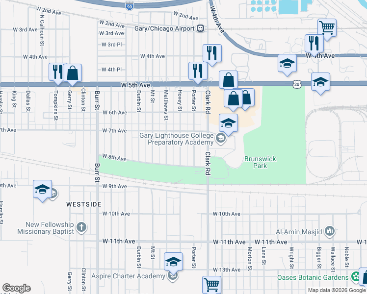 map of restaurants, bars, coffee shops, grocery stores, and more near 737 Hovey Street in Gary