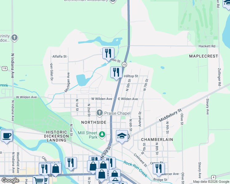 map of restaurants, bars, coffee shops, grocery stores, and more near 913 North Main Street in Goshen