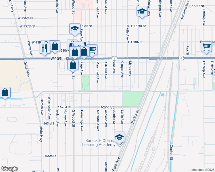 map of restaurants, bars, coffee shops, grocery stores, and more near 16039 Ashland Avenue in Harvey