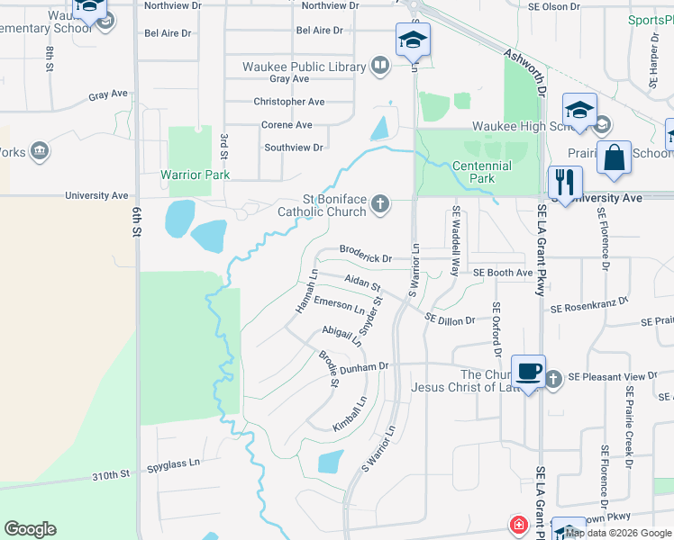 map of restaurants, bars, coffee shops, grocery stores, and more near 195 Aidan Street in Waukee
