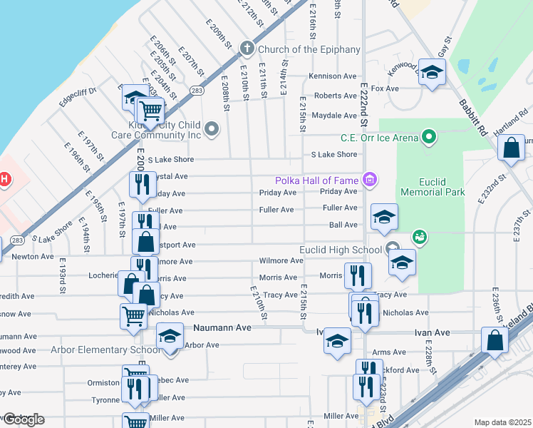map of restaurants, bars, coffee shops, grocery stores, and more near 21200 Fuller Avenue in Euclid
