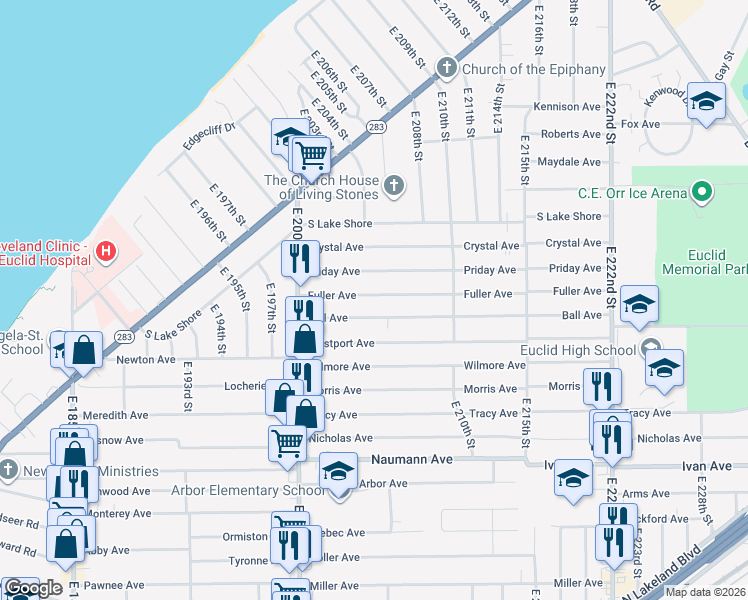 map of restaurants, bars, coffee shops, grocery stores, and more near 20547 Fuller Avenue in Euclid