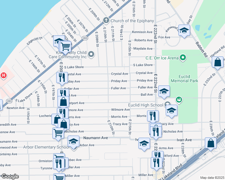 map of restaurants, bars, coffee shops, grocery stores, and more near 21170 Fuller Avenue in Euclid