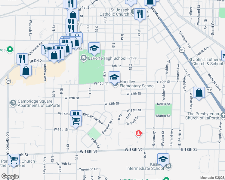 map of restaurants, bars, coffee shops, grocery stores, and more near 501 West 11th Street in La Porte