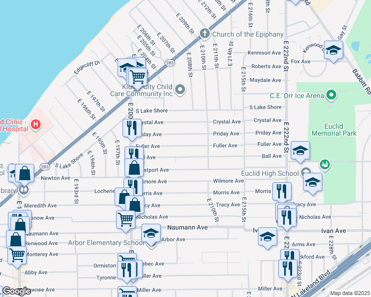map of restaurants, bars, coffee shops, grocery stores, and more near 20801 Fuller Avenue in Euclid