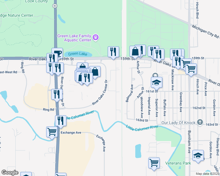 map of restaurants, bars, coffee shops, grocery stores, and more near 1265 Cunningham Drive in Calumet City