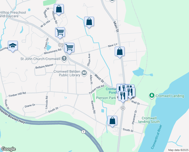 map of restaurants, bars, coffee shops, grocery stores, and more near 37 West Street in Cromwell