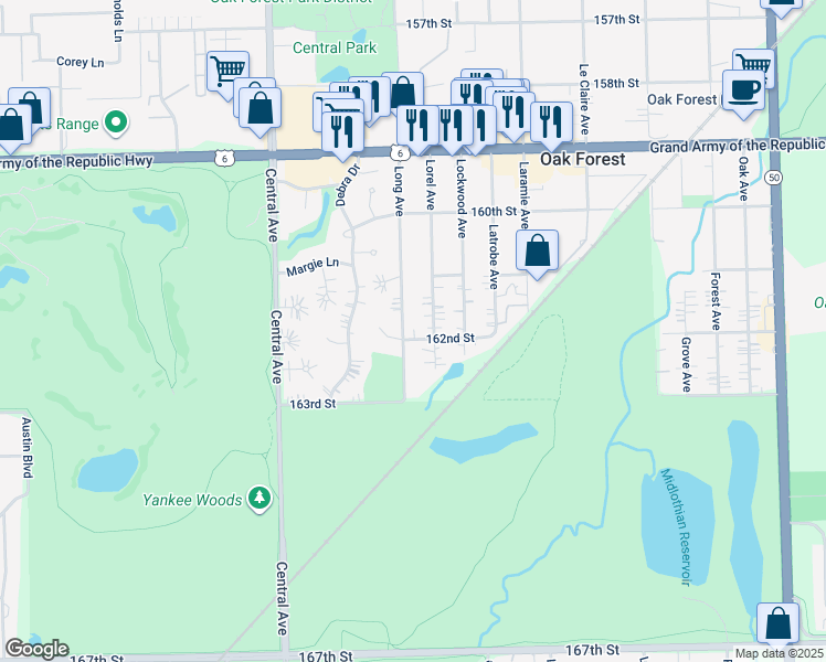 map of restaurants, bars, coffee shops, grocery stores, and more near 16142 Lorel Avenue in Oak Forest