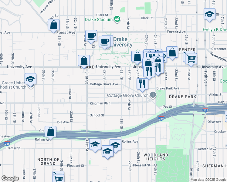 map of restaurants, bars, coffee shops, grocery stores, and more near 2823 Rutland Avenue in Des Moines