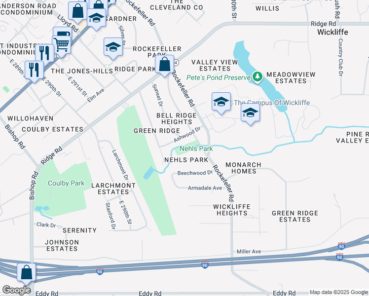 map of restaurants, bars, coffee shops, grocery stores, and more near in Wickliffe