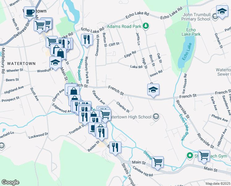 map of restaurants, bars, coffee shops, grocery stores, and more near 190 French Street in Watertown