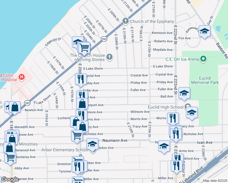 map of restaurants, bars, coffee shops, grocery stores, and more near 20801 Fuller Avenue in Euclid