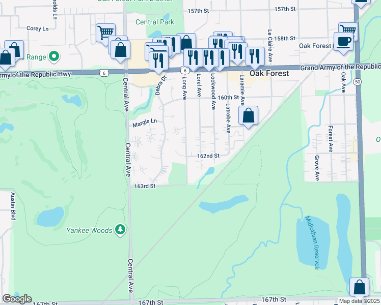 map of restaurants, bars, coffee shops, grocery stores, and more near 16142 Lorel Avenue in Oak Forest