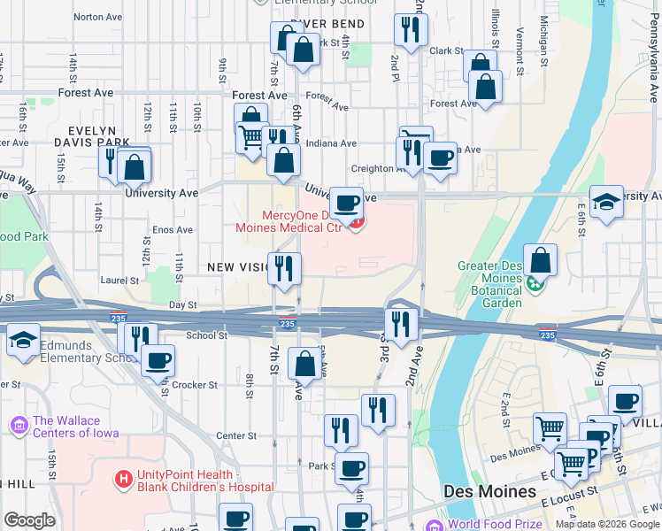 map of restaurants, bars, coffee shops, grocery stores, and more near 411 Laurel Street in Des Moines