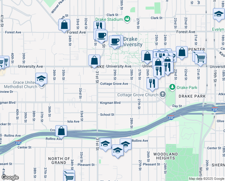 map of restaurants, bars, coffee shops, grocery stores, and more near 2900 Cottage Grove Avenue in Des Moines