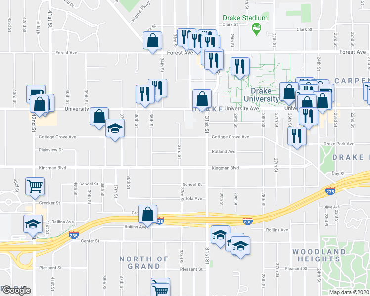 map of restaurants, bars, coffee shops, grocery stores, and more near 1077 33rd Street in Des Moines