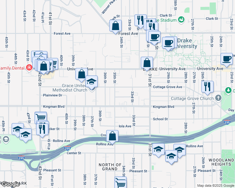 map of restaurants, bars, coffee shops, grocery stores, and more near 1074 35th Street in Des Moines