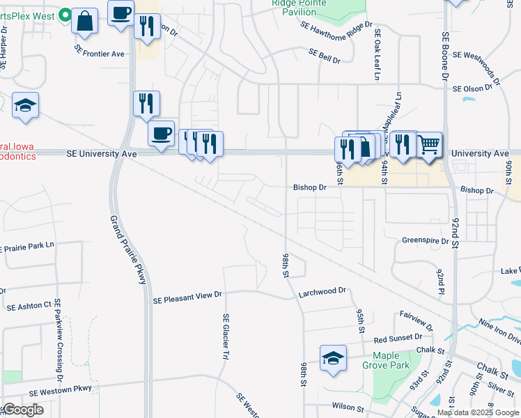 map of restaurants, bars, coffee shops, grocery stores, and more near 1440 Southeast Bishop Drive in Waukee