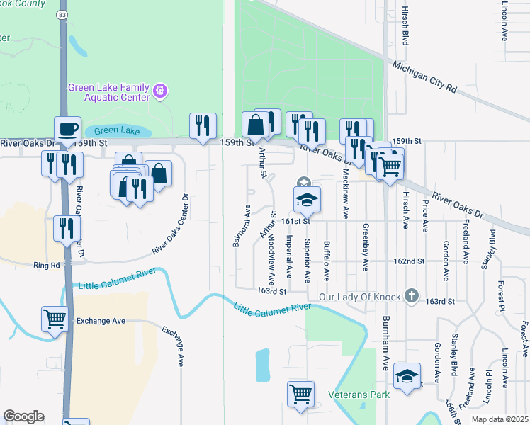 map of restaurants, bars, coffee shops, grocery stores, and more near 913 160th Place in Calumet City