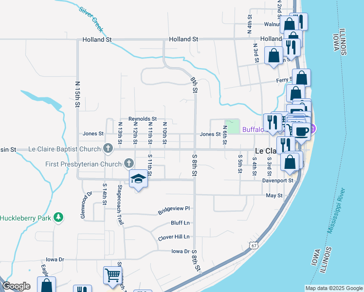 map of restaurants, bars, coffee shops, grocery stores, and more near 827 Wisconsin Street in Le Claire