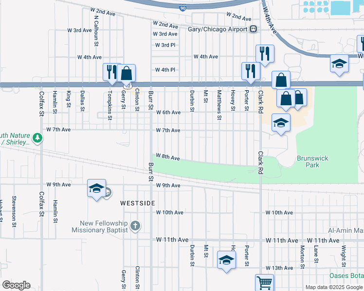 map of restaurants, bars, coffee shops, grocery stores, and more near 739 Hanley Street in Gary