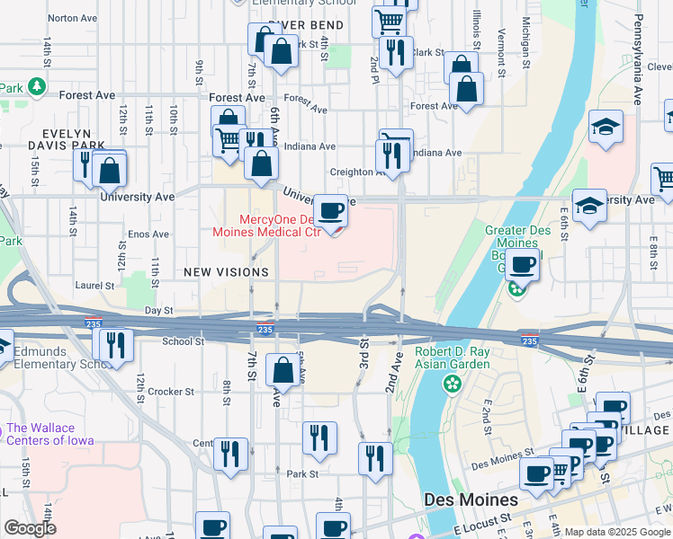 map of restaurants, bars, coffee shops, grocery stores, and more near 411 Laurel Street in Des Moines