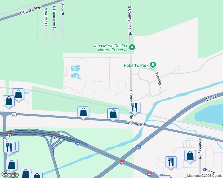 map of restaurants, bars, coffee shops, grocery stores, and more near 620 Warrick Street in Gary