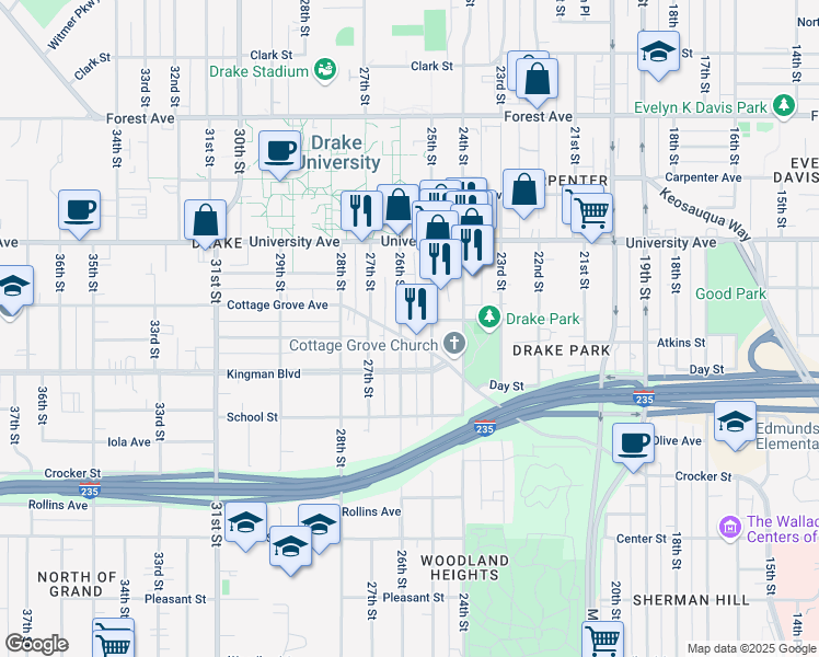 map of restaurants, bars, coffee shops, grocery stores, and more near 1091 26th Street in Des Moines
