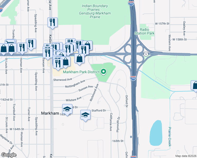 map of restaurants, bars, coffee shops, grocery stores, and more near 16053 Richmond Avenue in Markham