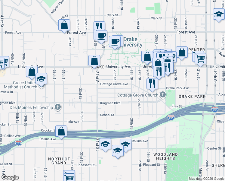 map of restaurants, bars, coffee shops, grocery stores, and more near 2900 Cottage Grove Avenue in Des Moines