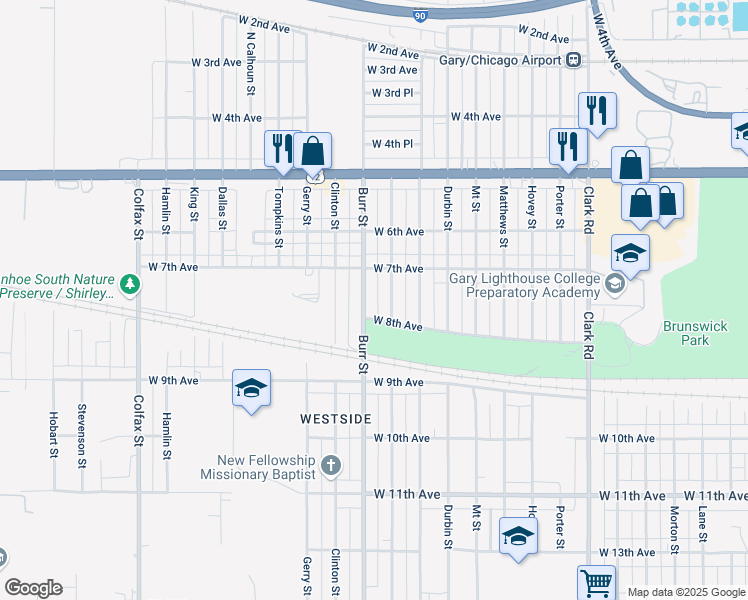 map of restaurants, bars, coffee shops, grocery stores, and more near 743 Burr Street in Gary