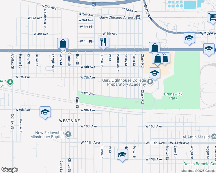 map of restaurants, bars, coffee shops, grocery stores, and more near 744 Mount Street in Gary