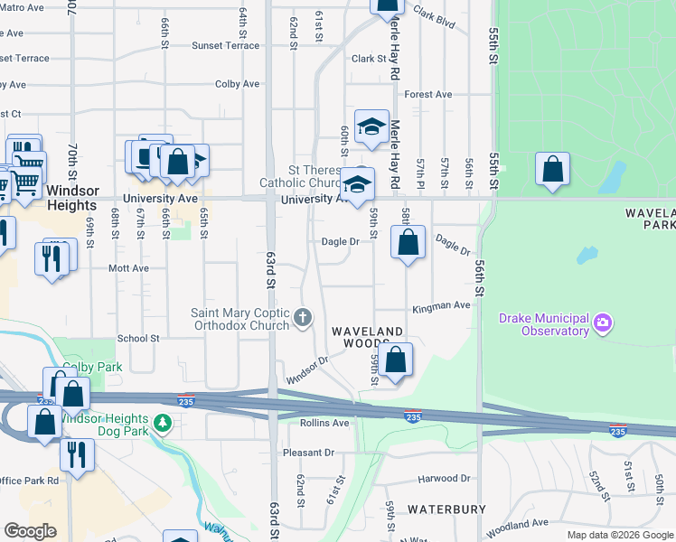 map of restaurants, bars, coffee shops, grocery stores, and more near 6004 Cottage Drive in Des Moines