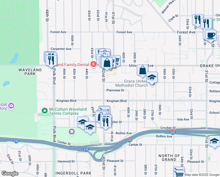 map of restaurants, bars, coffee shops, grocery stores, and more near 4105 Plainview Drive in Des Moines