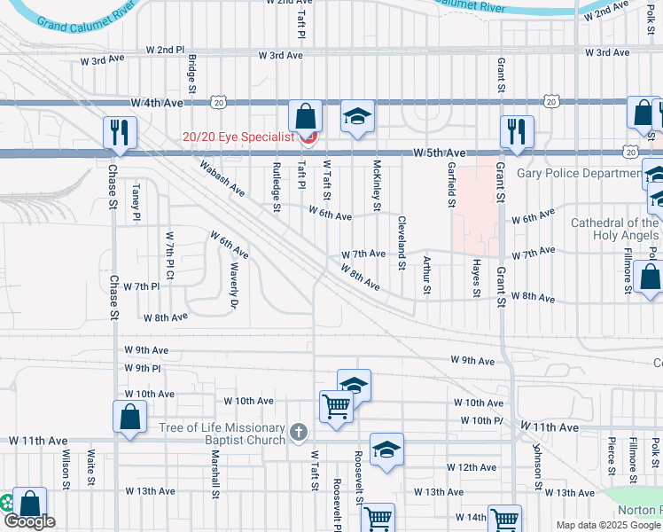 map of restaurants, bars, coffee shops, grocery stores, and more near 2233 West 8th Avenue in Gary