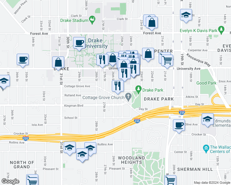 map of restaurants, bars, coffee shops, grocery stores, and more near 1091 26th Street in Des Moines