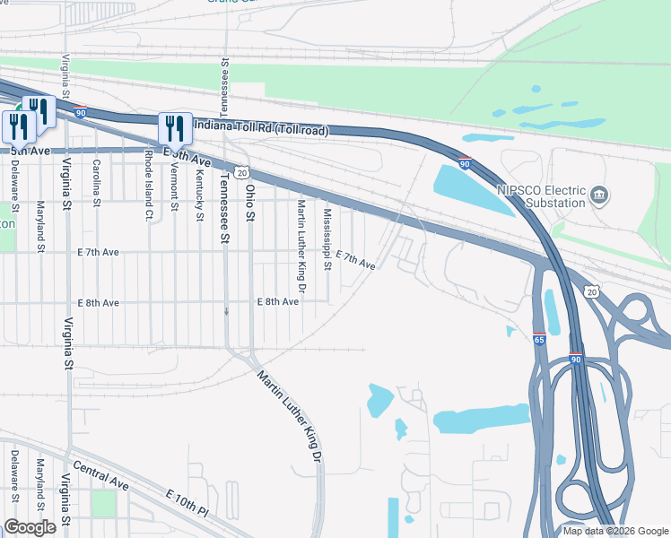 map of restaurants, bars, coffee shops, grocery stores, and more near 1653 East 7th Avenue in Gary